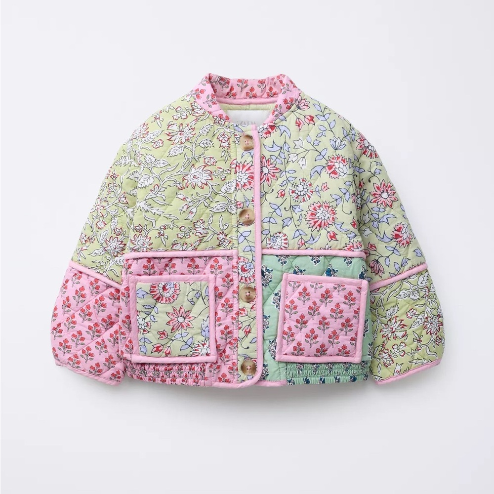 Zara Kids Floral Patchwork quilted Jacket - Pink, Green, Blue